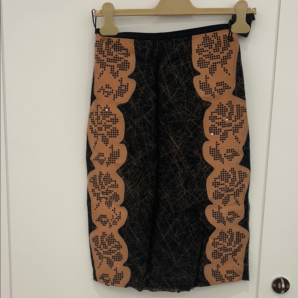 Bottega Veneta Black and Tan Pencil Skirt silk suede and lace 38